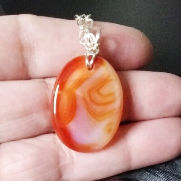Banded Agate Necklace 22" ~ Juicy Orange Tangerine Cantaloupe Melon Hues - Picture 4 of 7